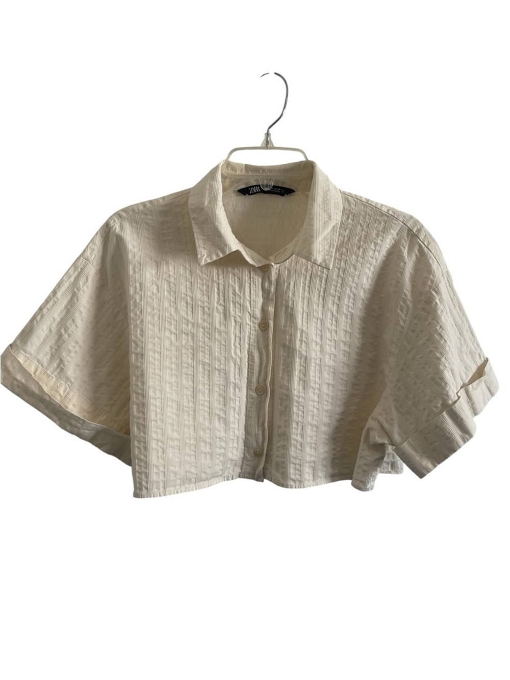 Zara Ivory Textured Cropped Button Up Shirt Short Sleeve Size Small